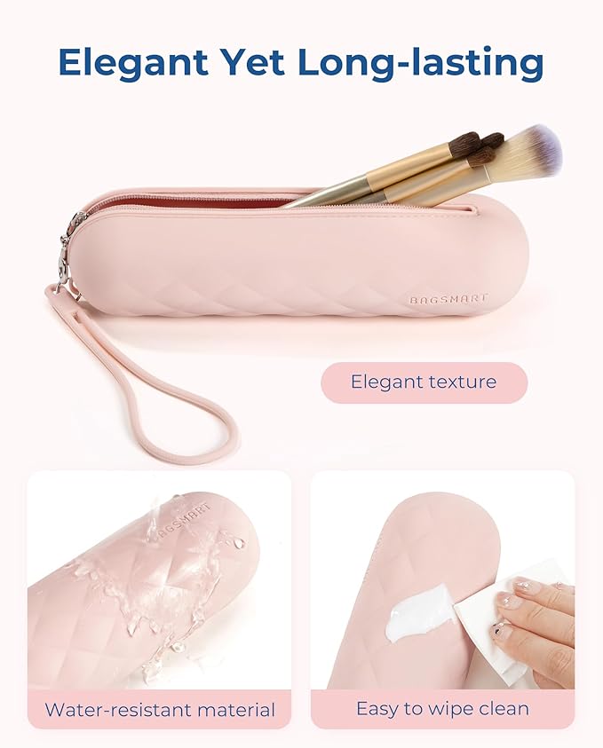 BAGSMART Makeup Brush Holder Bag, Travel Small Makeup Bag for Purse, Make Up Brush Bag Case Cosmetic Bag, Silicone Soft Portable Face Brushes Travel Essentials Organizer Holder, Pink