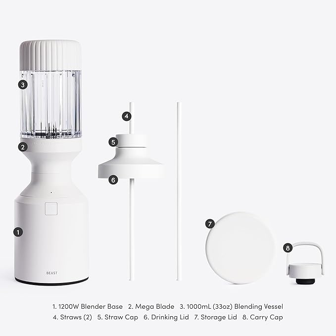 Beast Mega 1200 | Premium Countertop Blender | Smoothies, Shakes, Sauces, Dips, Soups | Blends Ice and Frozen Fruit | Includes Extra Lids and Straw System | 1200W | (Cloud White, 120V)