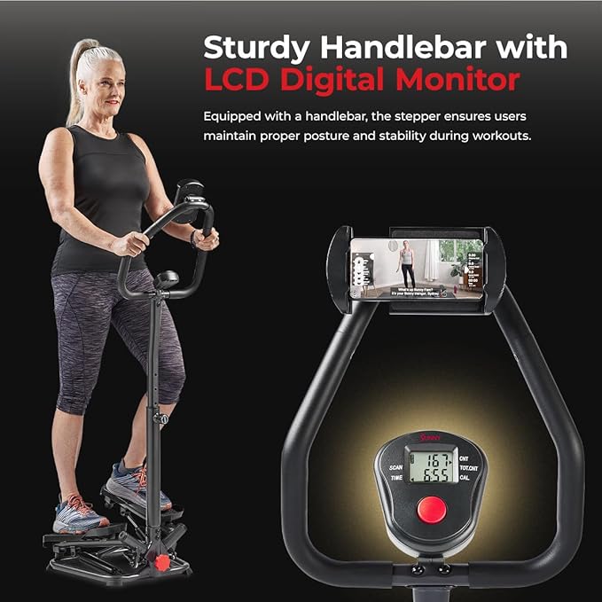 Sunny Health & Fitness Steppers for Exercise at Home Exercising Workout Cardio Climber Thigh Space Squat Twist Stepper Advanced Twisted Resistance Band Step with Optional Free SunnyFit App Connection