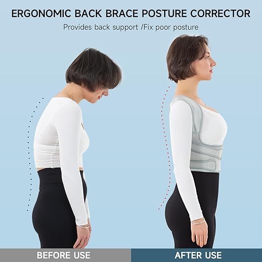 Back Brace Posture Corrector for Women and Men with Heating Pad, Adjustable Full Back Support Brace, Back Heating Pad for Pain Relief - Scoliosis, Spine Corrector (Gray, Medium)