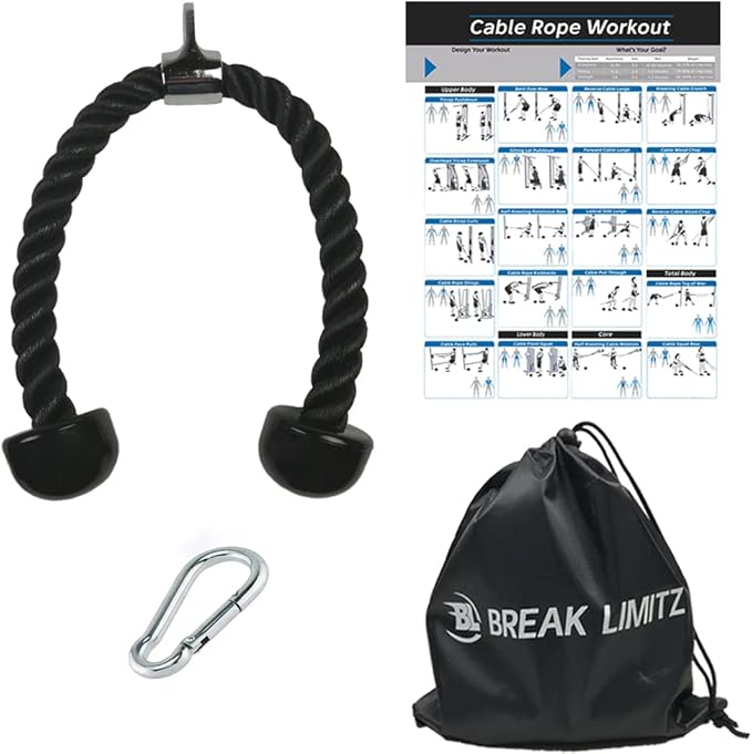 Black Tricep Rope Pull Down & Poster Set | 27 or 36 Inch Heavy Duty Nylon Rope, Chrome Cable Attachment | Professional or Home Gyms | Includes Workout Poster, Snap Hook, Bag