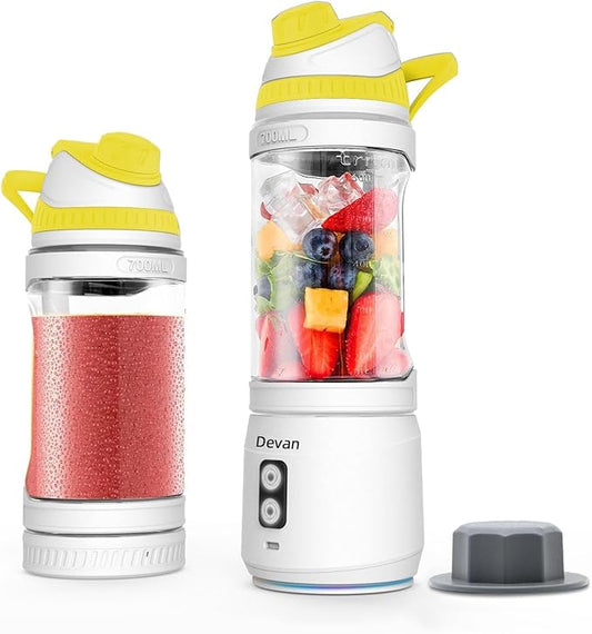 Portable Blender for Smoothies and Shakes, Anti-Jamming, 24oz USB-C Rechargeable, BPA-Free, Electric Protein Shaker Bottle with Travel Lid for Kitchen, Gym & Office. (White Base Yellow Lid)