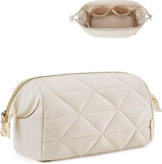 BAGSMART Makeup Bag Travel Cosmetic Bag, Puffy Padded Make Up Bags for Women Makeup Organizer Case, Wide-open Pouch Purse Travel Essentials Toiletries Accessories Brushes, (Beige)
