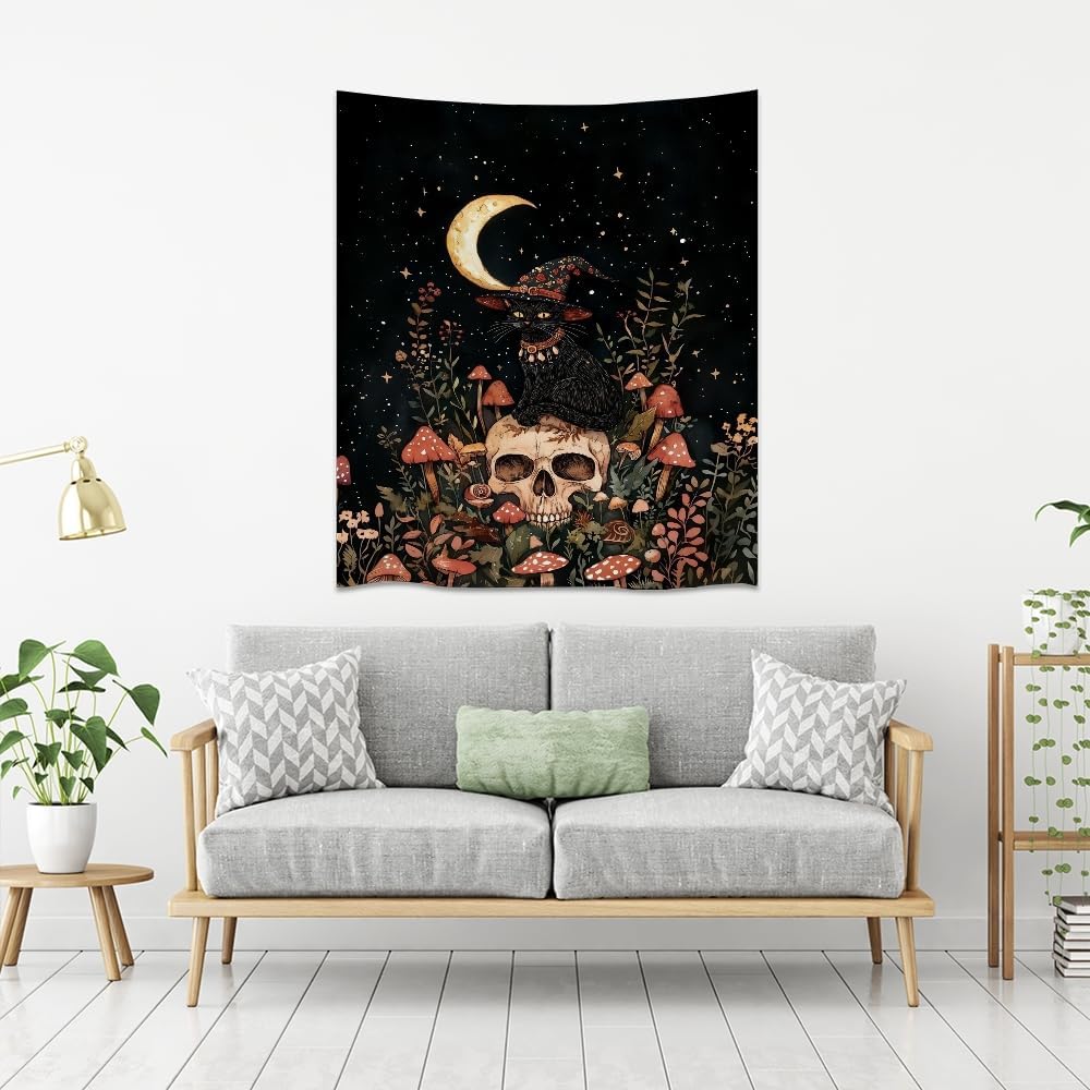 Halloween Witch Cat Tapestry Gothic Skull and Mushroom Artwork Print Spooky Halloween Witchy Wall Hanging Decor Black Cat Crescent Moon art Tapestries for Living Room Bedroom Decoration 30x40inch