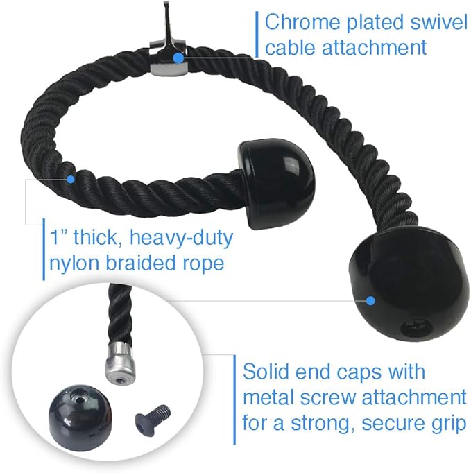 Black Tricep Rope Pull Down & Poster Set | 27 or 36 Inch Heavy Duty Nylon Rope, Chrome Cable Attachment | Professional or Home Gyms | Includes Workout Poster, Snap Hook, Bag
