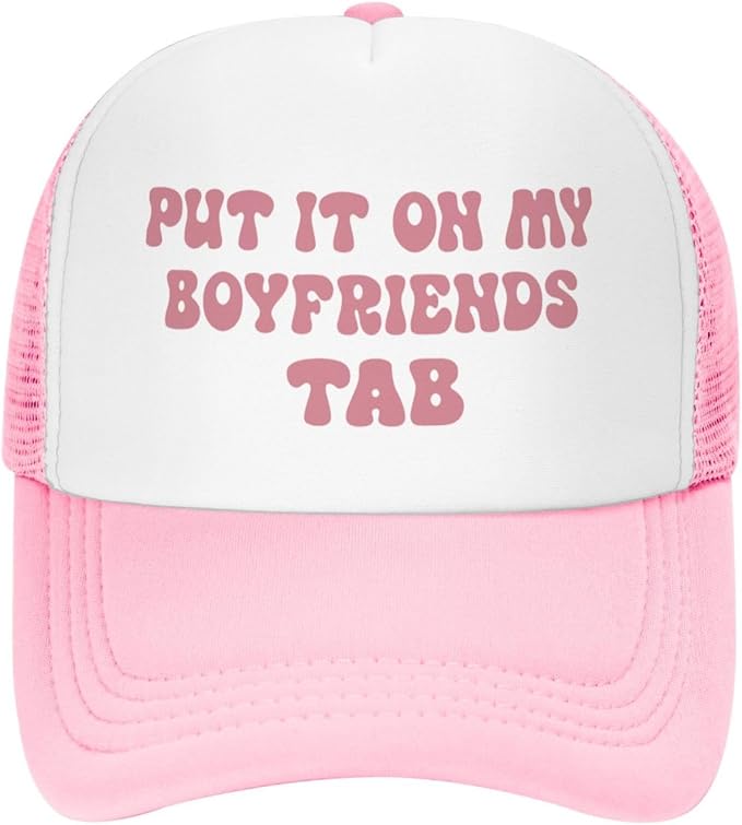 Put It On My Husband's Tab Drinking Trucker Hat - Funny Pink Trucker Hat for Women and Men
