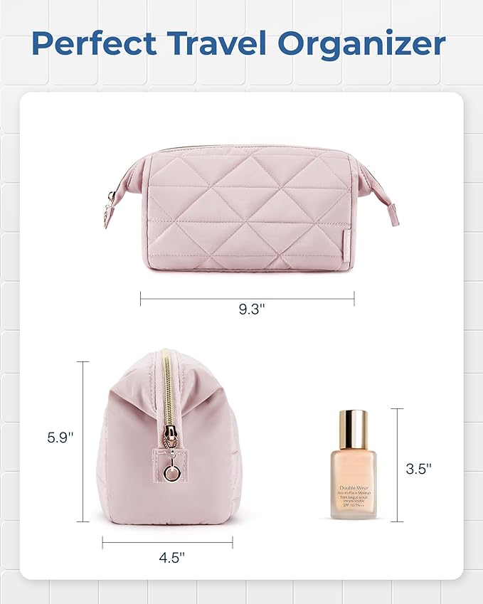 BAGSMART Makeup Bag Travel Cosmetic Bag, Puffy Padded Make Up Bags for Women Makeup Organizer Case, Wide-open Pouch Purse Travel Essentials Toiletries Accessories Brushes, (Beige)