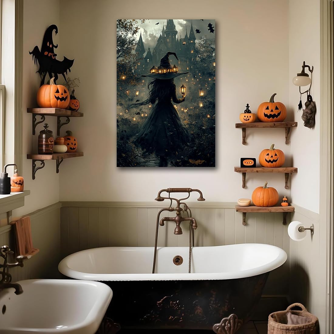 Halloween Witch and Haunted House Canvas Wall Art,Dark Academia Scary Witch Castle Posters Prints,Thriller Horror Gothic Wall Decor Pictures for Halloween Party House Decoration,20"x30" Framed