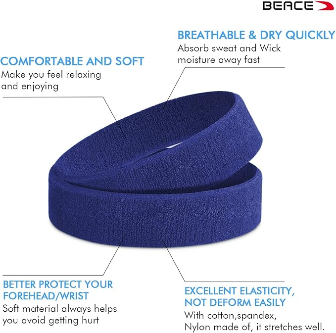BEACE Sweatbands Sports Headband for Men & Women - Moisture Wicking Athletic Cotton Terry Cloth Sweatband for Tennis, Basketball, Running, Gym, Working Out