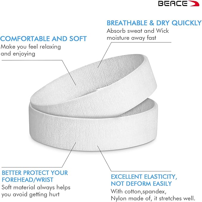 BEACE Sweatbands Sports Headband for Men & Women - Moisture Wicking Athletic Cotton Terry Cloth Sweatband for Tennis, Basketball, Running, Gym, Working Out