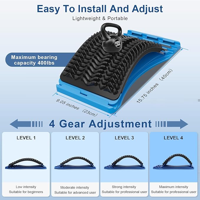 Back Stretcher for Lower Pain Relief, 4 Level Adjustable Arch Lumbar Cracker Board, Massager for Scoliosis, Spine Decompression Support - Blue