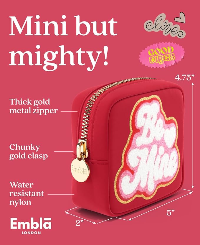 BE MINE Valentine Makeup Bag Travel Cosmetics Pouch and Toiletry Bag, Nylon Zipper Pouch Purse, Cute Make Up Organizer Storage Tote for Women Girls, Travel Skincare Case, Small Makeup Bags, Ruby Red