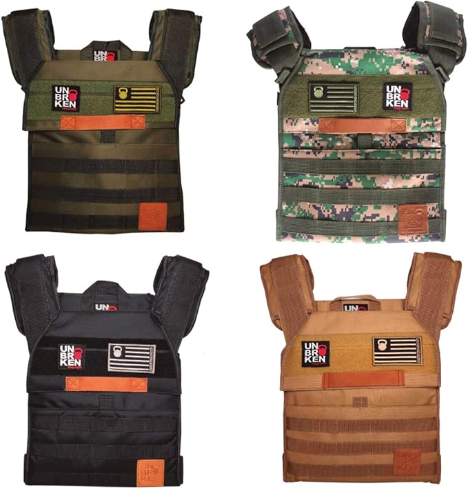 Unbrokenshop.com Adjustable Weighted Vest, WOD Cross Fitness, Weight Plates Carrier for Strength and Endurance Training and Running. For Men or for Women, 2 Patches Included [Black]