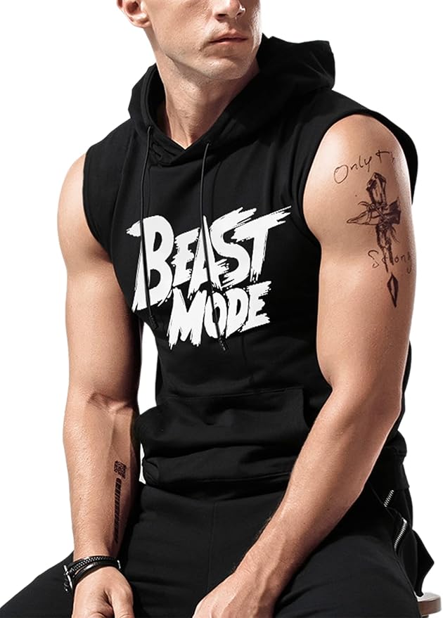 Babioboa Men's Workout Hooded Tank Tops Sleeveless Gym Hoodies Bodybuilding Muscle Cut Off T-Shirts