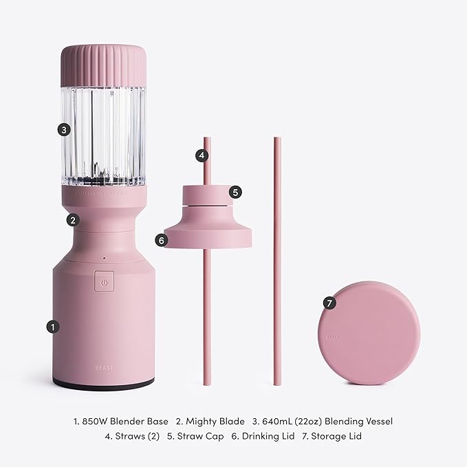 Beast Mighty 850 | Premium Compact Personal Blender | Smoothies, Shakes, Dressings, Sauces, Desserts, Dips | Blends Ice and Frozen Fruit | Includes Extra Lids and Straws | 850W (Lilac)