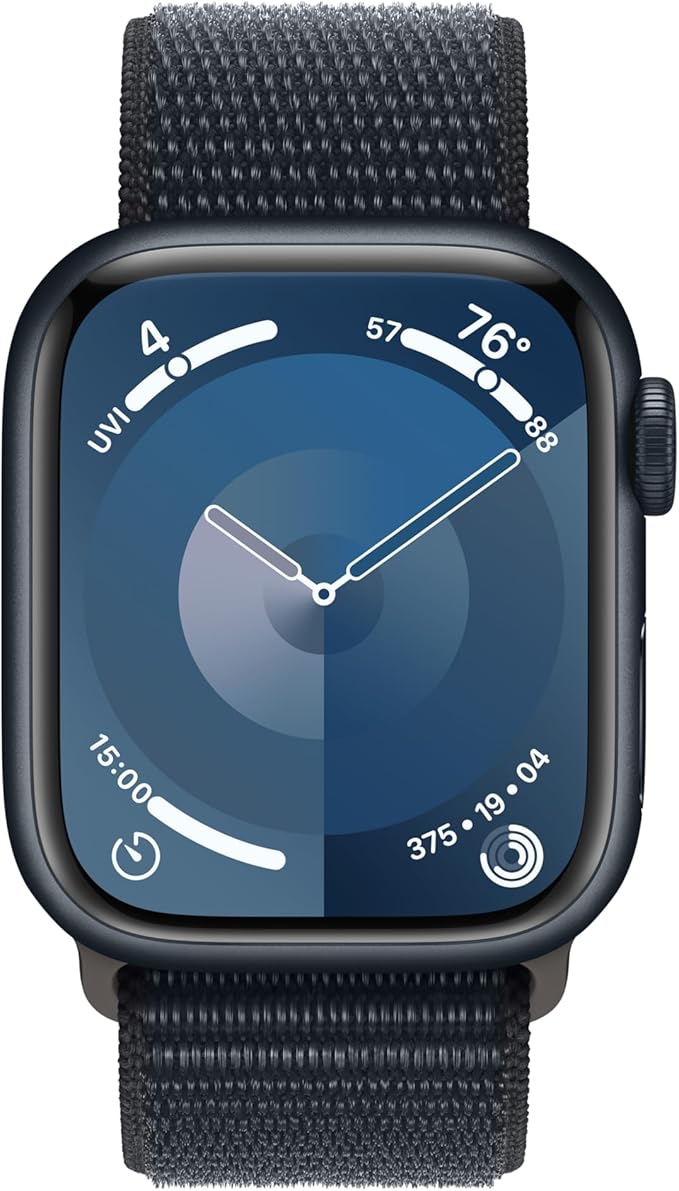 Apple Watch Series 9 [GPS 41mm] Smartwatch with Midnight Aluminum Case with Midnight Sport Loop One Size. Fitness Tracker, ECG Apps, Always-On Retina Display, Carbon Neutral