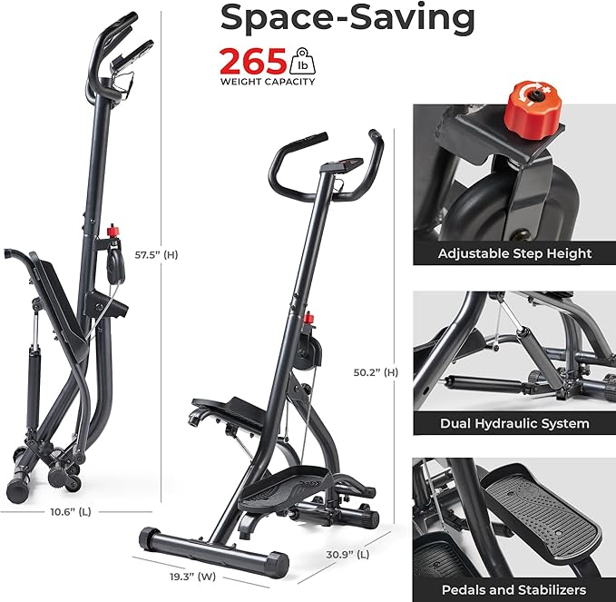 Sunny Health & Fitness Stair Stepper w/Handlebar, Extended Step Range Machine for Climbing Exercise, Compact, Height-Adjustable, Low-Impact & SunnyFit® App Enhanced Connectivity – SF-S021001