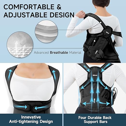 Back Brace Posture Corrector for Women and Men with Heating Pad, Adjustable Full Back Support Brace, Heating Pad for Back Pain Relief -Hunchback, Spine Corrector (Black, Medium)