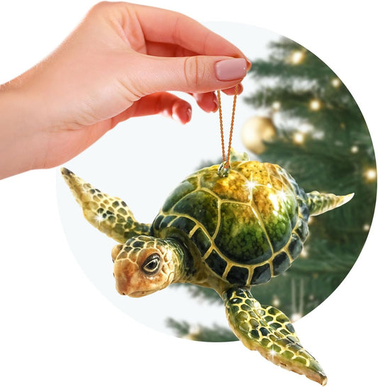 Hand-Painted Beach Christmas Ornament – Coastal Tree Decoration for Ocean Lovers – Unique Nautical Ornament for Christmas Tree or Stocking Stuffer Gift (Green Sea Turtle)