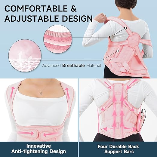 Back Brace Posture Corrector for Women and Men with Heating Pad, Adjustable Full Back Support Brace, Back Heating Pad for Pain Relief -Hunchback, Spine Corrector (Pink, Medium)