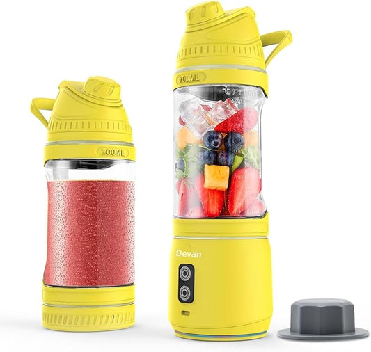 Portable Blender for Smoothies and Shakes, Anti-Jamming, 24oz USB-C Rechargeable, BPA-Free, Electric Protein Shaker Bottle with Travel Lid for Kitchen, Gym & Office. (Yellow Base Yellow Lid)