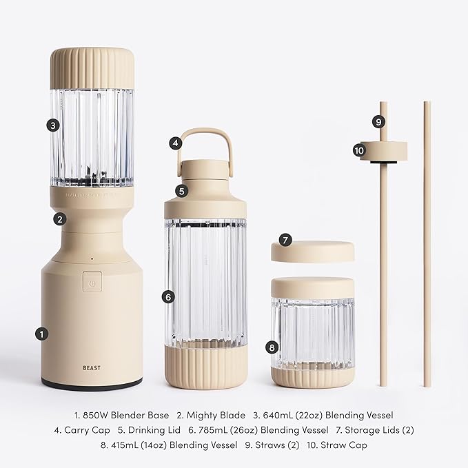 Beast Mighty 850 Plus | Premium Compact Personal Blender | Smoothies, Shakes, Dressings, Sauces | Blends Ice and Frozen Fruit | New XL Vessel | Extra Vessels, Lids and Straws | 850W (Sand)