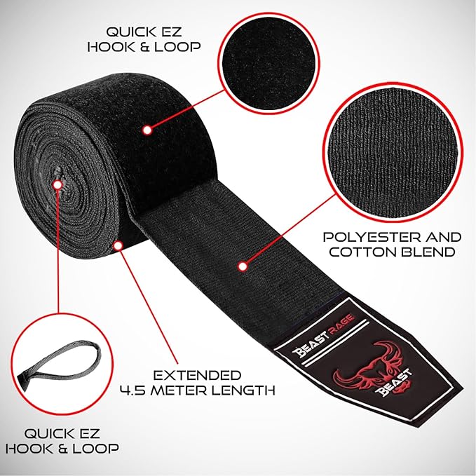 BEAST RAGE Boxing Hand Wraps 4.5 Meter Martial Arts Bandages Inner Gloves Wrist Support Straps Punching Under Hand Knuckles Heavy Elasticated Training Bag Mitts Muay Thai