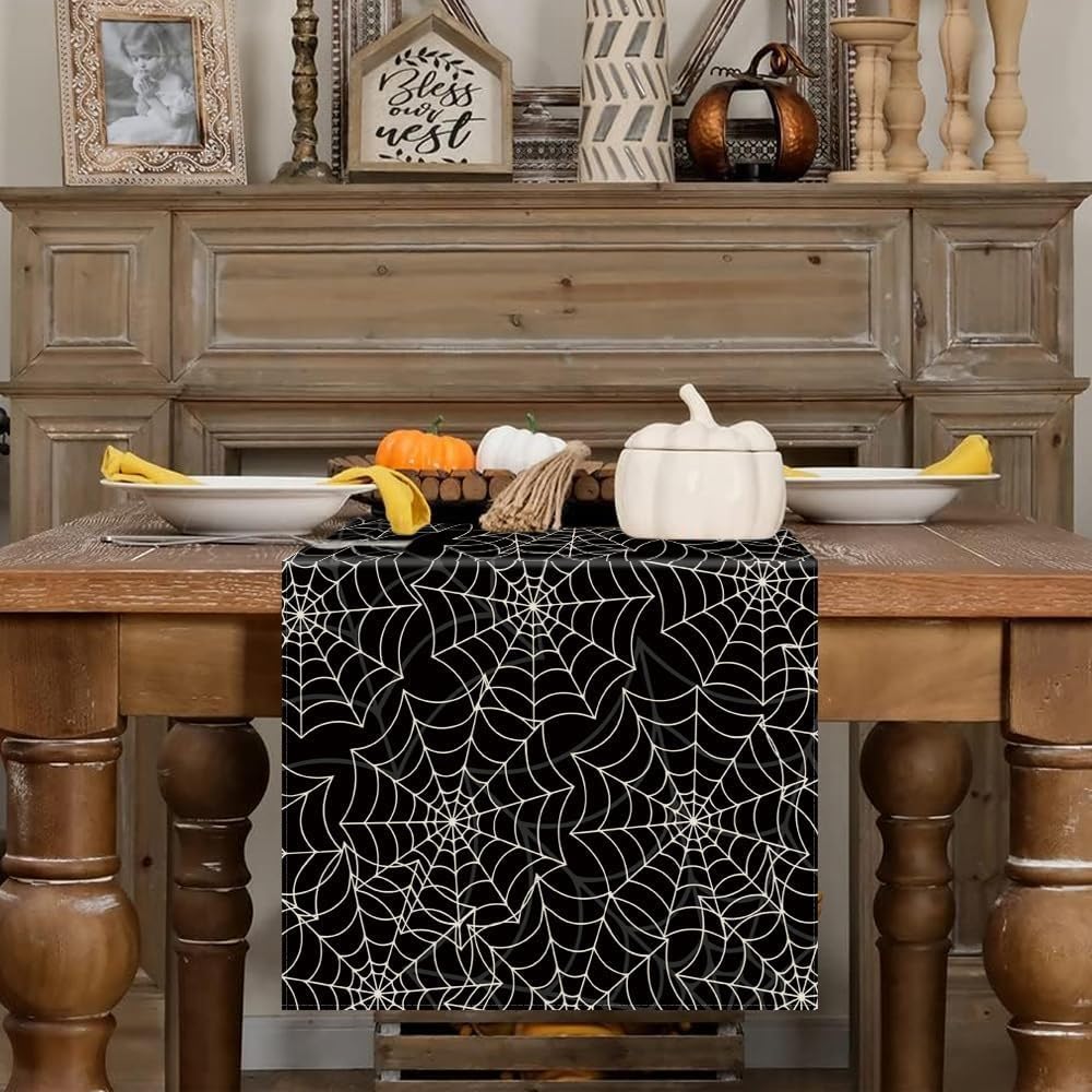 Halloween Table Runner Spider Web Black Linen Table Runners for Seasonal Holidays Indoor Outdoor Kitchen Dining Party Home Decor 13 x 108 Inch
