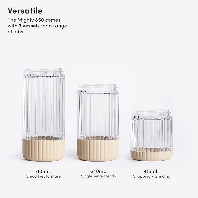 Beast Mighty 850 Plus | Premium Compact Personal Blender | Smoothies, Shakes, Dressings, Sauces | Blends Ice and Frozen Fruit | New XL Vessel | Extra Vessels, Lids and Straws | 850W (Sand)