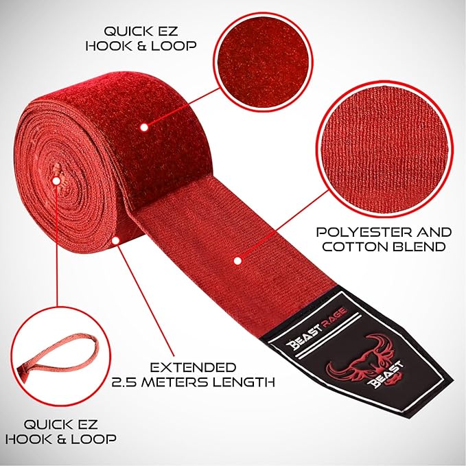 BEAST RAGE Boxing Hand Wraps 4.5 Meter Martial Arts Bandages Inner Gloves Wrist Support Straps Punching Under Hand Knuckles Heavy Elasticated Training Bag Mitts Muay Thai
