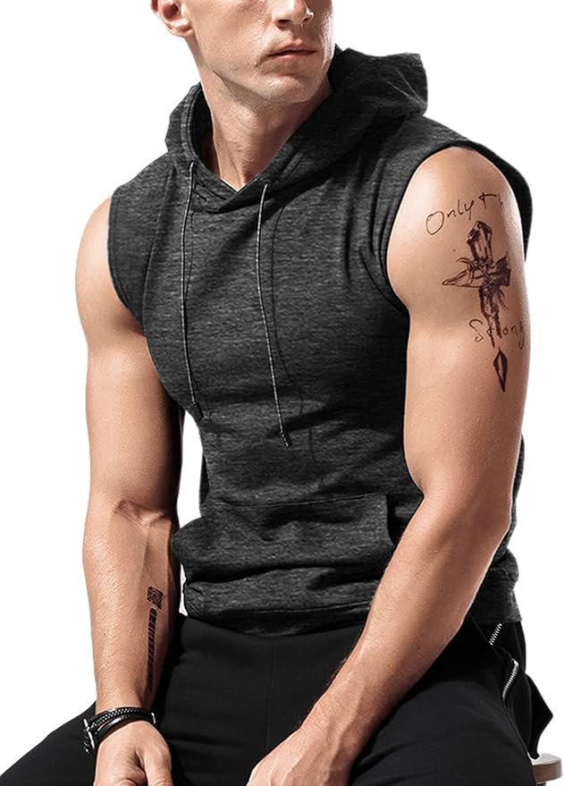 Babioboa Men's Workout Hooded Tank Tops Sleeveless Gym Hoodies Bodybuilding Muscle Cut Off T-Shirts