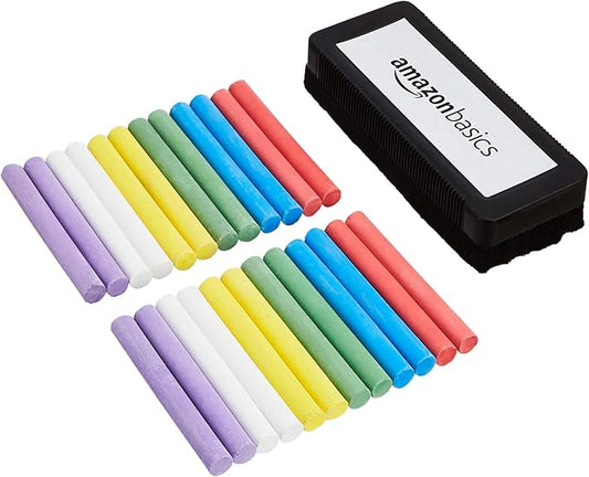 Amazon Basics Dustless Chalk with Eraser, 24 Count (Pack of 1), Assorted