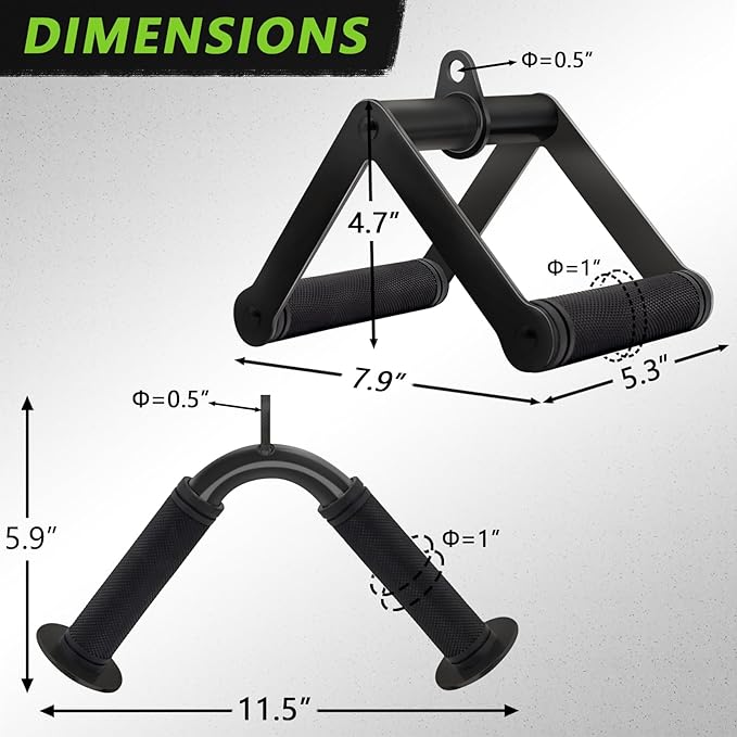Double D Row Handle Cable Attachment for Weight Workout, Steel with Non-Slip Rubber Grip (Black)
