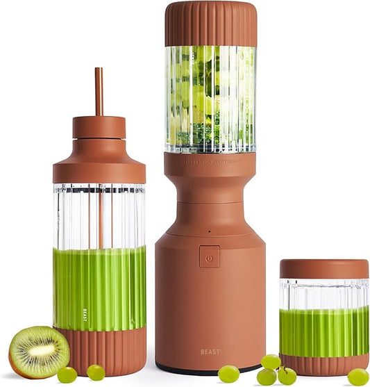 Beast Mighty 850 Plus | Premium Compact Personal Blender | Smoothies, Shakes, Dressings, Sauces | Blends Ice and Frozen Fruit | New XL Vessel | Extra Vessels, Lids and Straws | 850W (Terra)