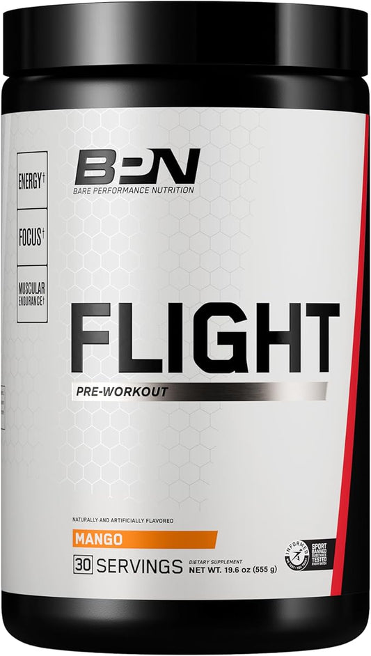 BARE PERFORMANCE NUTRITION BPN Flight Pre Workout, Supports Energy and Mental Focus, Improved Endurance & Muscle Pumps with CarnoSyn® Beta Alanine, Mango, 30 Servings