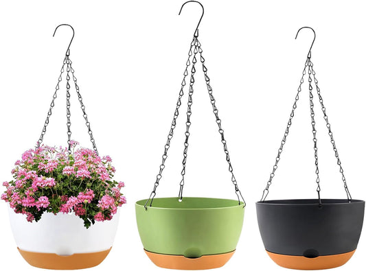 10 inch Hanging Planters for Indoor Outdoor Plants with Self-Watering Pots, 3 Pack Plastic Hanging Basket with Removable Tray for Home Garden Porch Balcony Patio Decor(White+Black+Green)