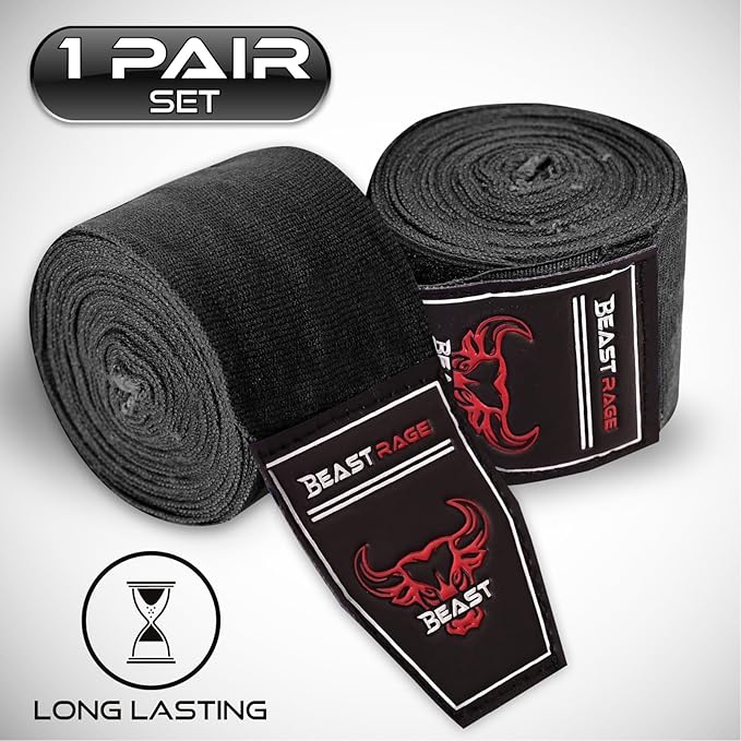 BEAST RAGE Boxing Hand Wraps 4.5 Meter Martial Arts Bandages Inner Gloves Wrist Support Straps Punching Under Hand Knuckles Heavy Elasticated Training Bag Mitts Muay Thai