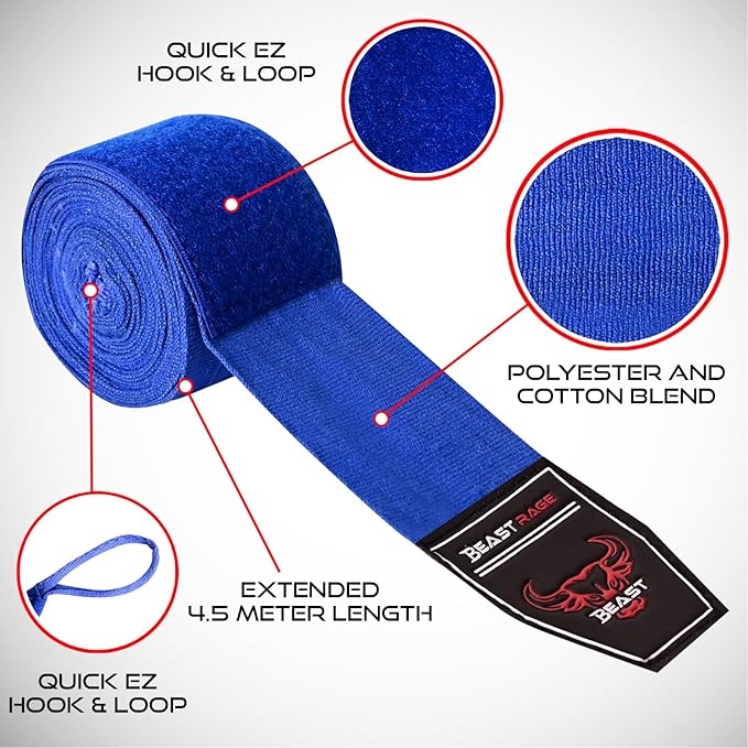 BEAST RAGE Boxing Hand Wraps 4.5 Meter Martial Arts Bandages Inner Gloves Wrist Support Straps Punching Under Hand Knuckles Heavy Elasticated Training Bag Mitts Muay Thai