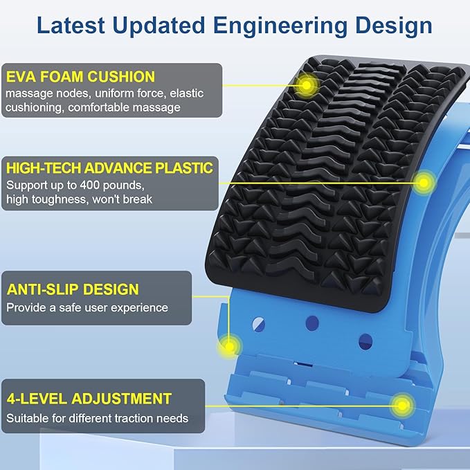 Back Stretcher for Lower Pain Relief, 4 Level Adjustable Arch Lumbar Cracker Board, Massager for Scoliosis, Spine Decompression Support - Blue