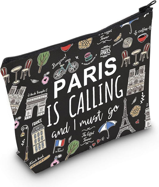 POFULL Paris Themed Gifts Paris Is Calling And I Must Go Cosmetic Bag Paris Lover Gift (Paris Is Calling black Bag)