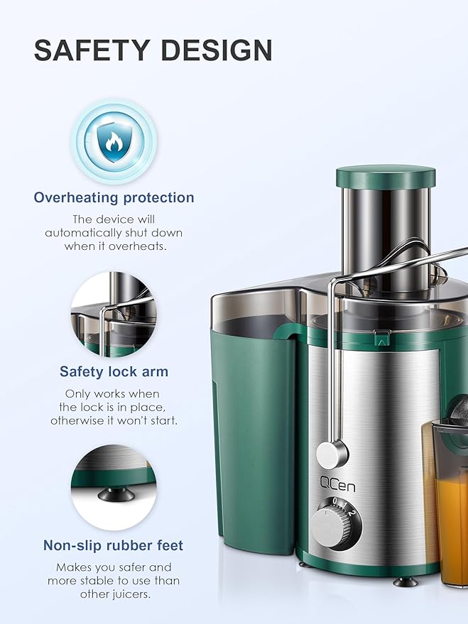 QCen Juicer Machine, 800W Centrifugal Juicer Extractor with Wide Mouth 3” Feed Chute for Fruit Vegetable, Easy to Clean, Stainless Steel, BPA-free (Green)