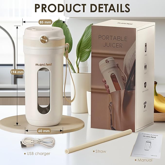 Portable Blender 350ml – USB Rechargeable Mini Juicer Cup with Type-C, Upgraded Motor, Personal Smoothie Maker for Travel, White
