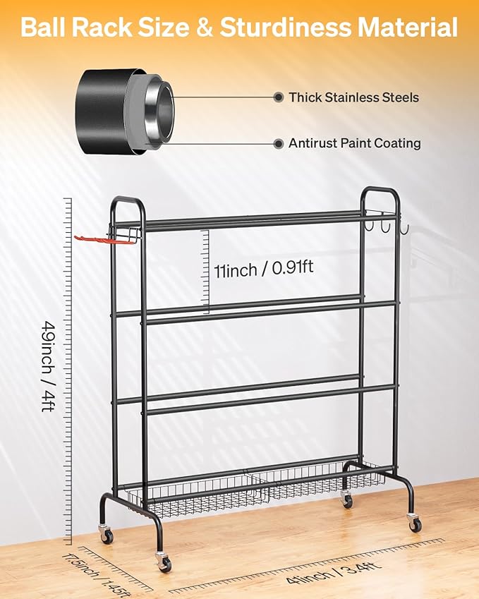 Basketball Rack, Rolling Basketball Shooting Training Stand,Sports Equipment Storage with Wheels, Four-Layer Organizer Holder with Two Basket for Basketballs Footballs Volleyball