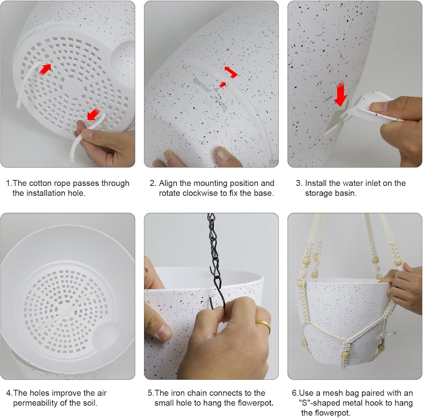 10 inch Self Watering Hanging Planters, 2 Pack Hanging Baskets for Indoor Outdoor Plants, Hanging Flower Pots with Drainage Holes and 2 Kinds of Plant Hangers for Garden Decor, Speckled White