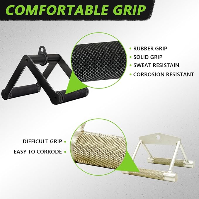 Double D Row Handle Cable Attachment for Weight Workout, Steel with Non-Slip Rubber Grip (Black)
