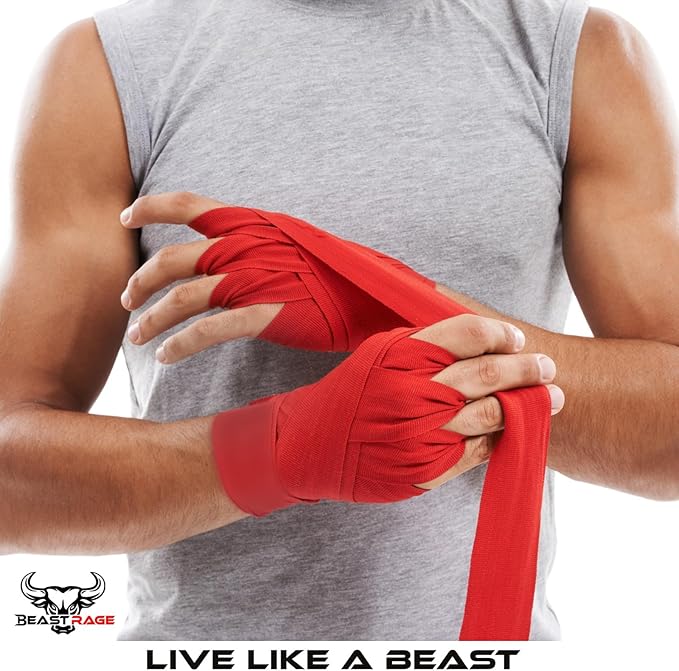 BEAST RAGE Boxing Hand Wraps 4.5 Meter Martial Arts Bandages Inner Gloves Wrist Support Straps Punching Under Hand Knuckles Heavy Elasticated Training Bag Mitts Muay Thai