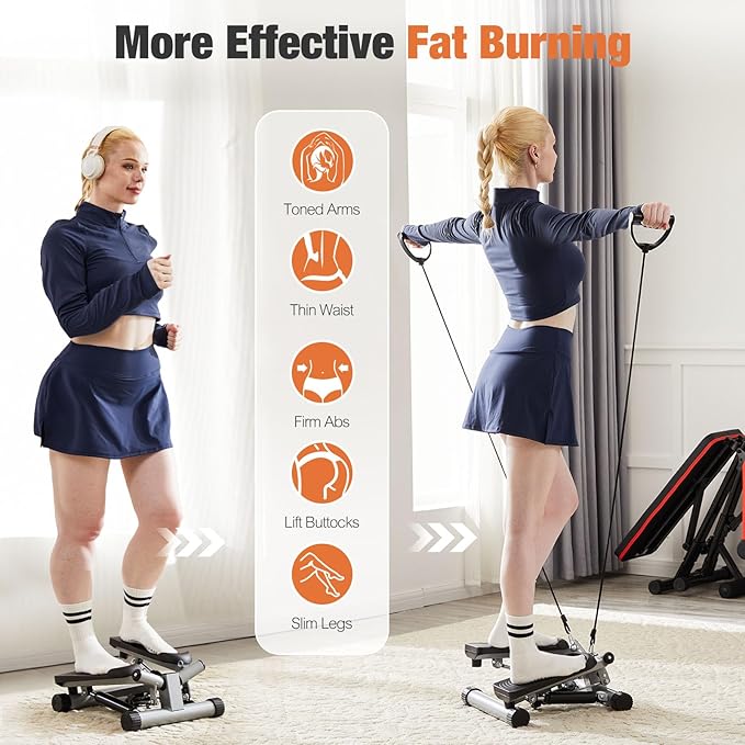 Sweetcrispy Mini Stair Steppers with Resistance Bands for Exercise at Home, Portable Exercise Twist Stepper Machine for Full Body Workout, 265LBS Capacity