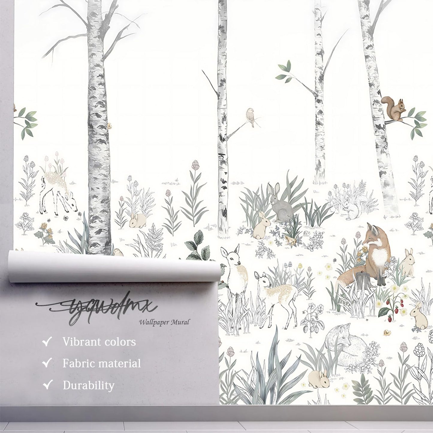 -Nursery Cartoon Woods Hand-Painted Animal Wallpaper Children's Room XT10 L 180" x 115"