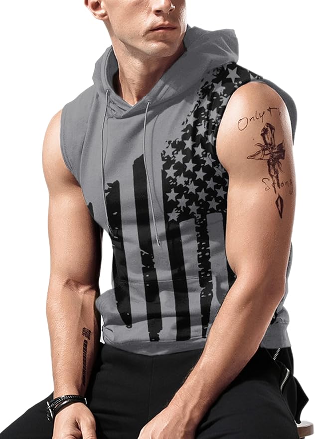 Babioboa Men's Workout Hooded Tank Tops Sleeveless Gym Hoodies Bodybuilding Muscle Cut Off T-Shirts