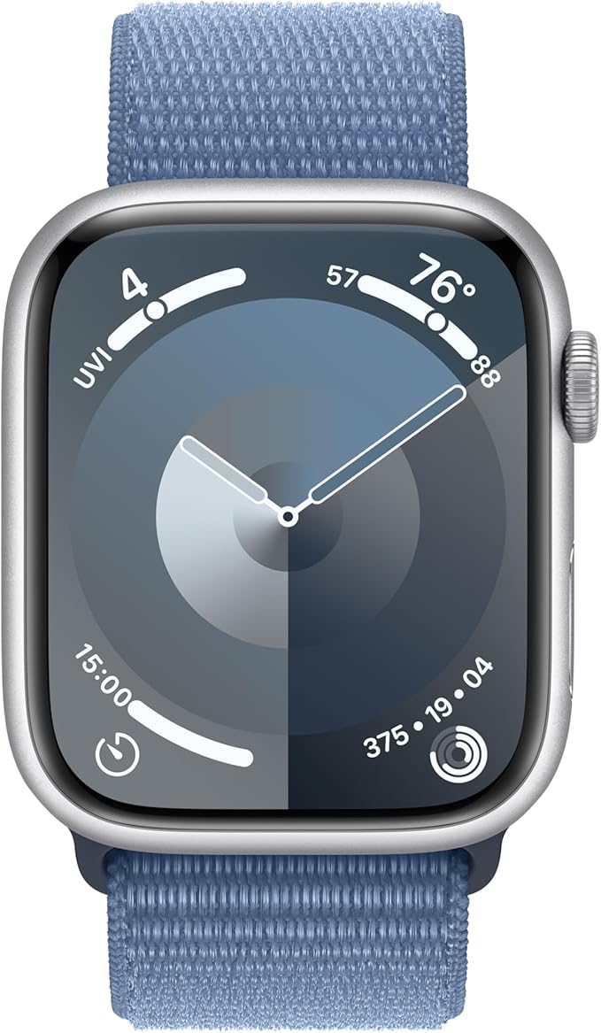 Apple Watch Series 9 [GPS 45mm] Smartwatch with Silver Aluminum Case with Winter Blue Sport Loop One Size. Fitness Tracker, ECG Apps, Always-On Retina Display, Carbon Neutral